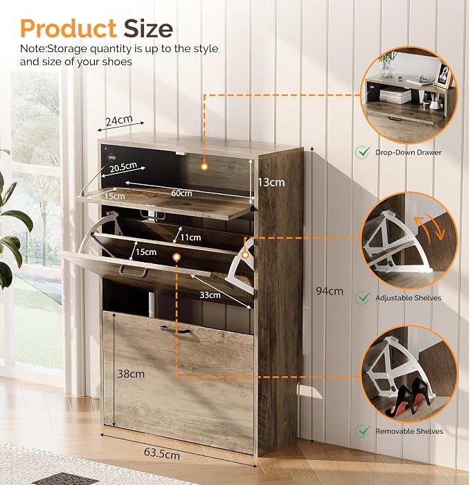 VINGLI Set of 2 Washed Gray Shoe Cabinet - Image 3
