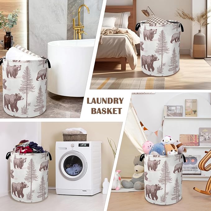 Large Laundry Basket, Retro Bear Collapsible Laundry Baskets, Forest Printed - Image 7