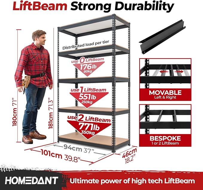 HOMEDANT 5-Tier Laminated Boltless Heavy Duty Metal Shelving Unit Adjustable - Image 2