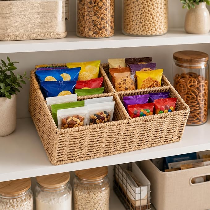 Paper Rope Woven Snack Organizer Basket, 4 Compartment Countertop Storage Bin - Image 5