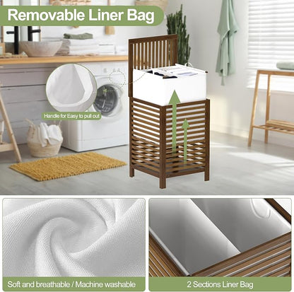 Bamboo Laundry Hamper with Lid, 120L Large Double Laundry Basket with Removable - Image 4