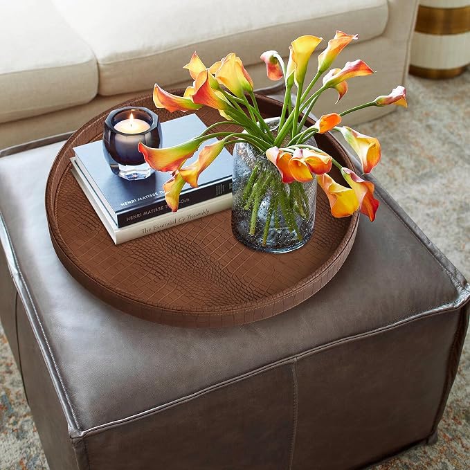 HofferRuffer Round Serving Tray 20'', Elegant Faux Leather Circle Ottoman Table - Image 5