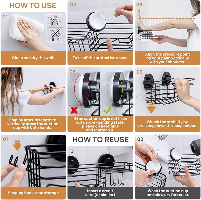 LEVERLOC Shower Caddy Suction Cup, 3 Pack Heavy Duty Bathroom Organizer - Image 7