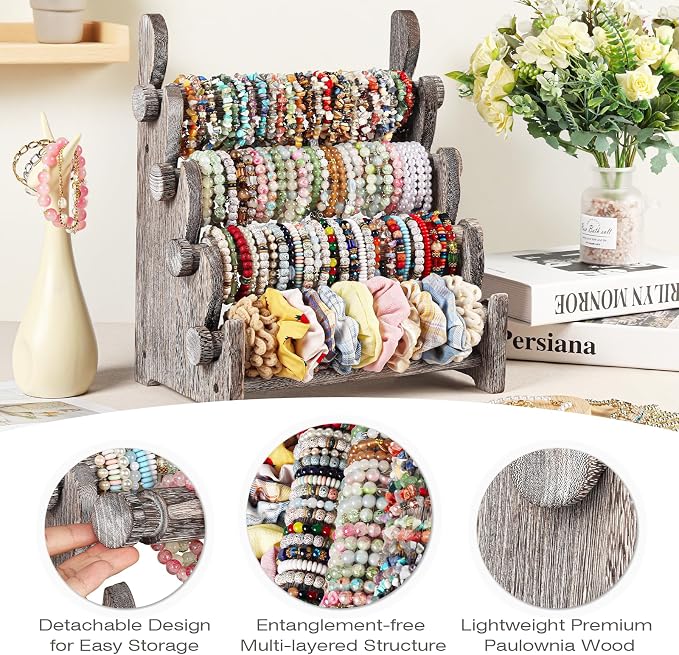 TOPNEW 4 Tier Wooden Bracelet Holder, Scrunchie Bangle Watch Necklace Display - Image 5