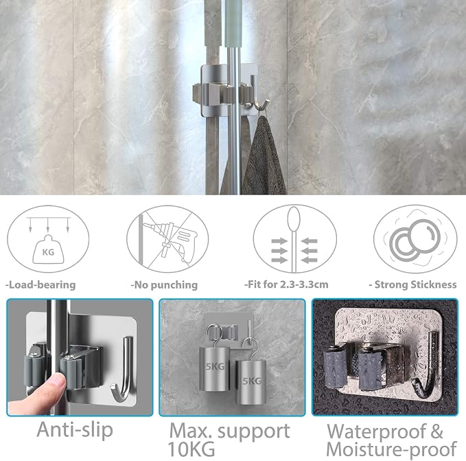 homeasy Mop Broom Holder No Drill, Mop Broom Organizer Wall Mounted Heavy Duty - Image 3