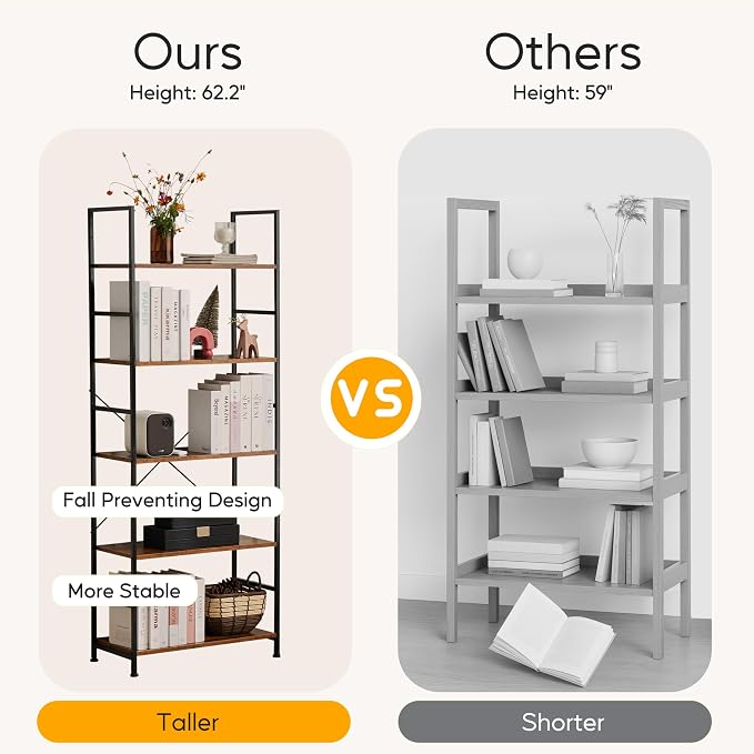 HealSmart 5 Tier Bookshelf, Free Standing Book Shelf Home Office Bookcase Shelf - Image 4
