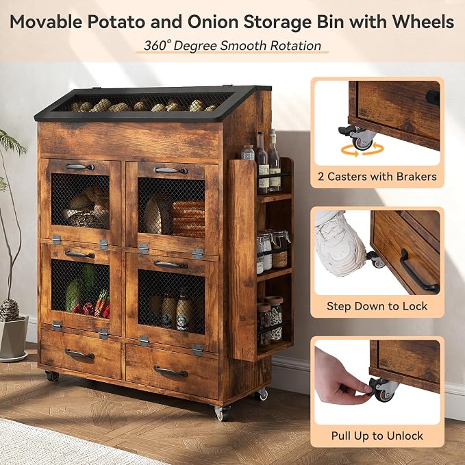 Verano Garden 31.5" Large Potato and Onion Storage Bin on Wheels, Bread Box | - Image 5