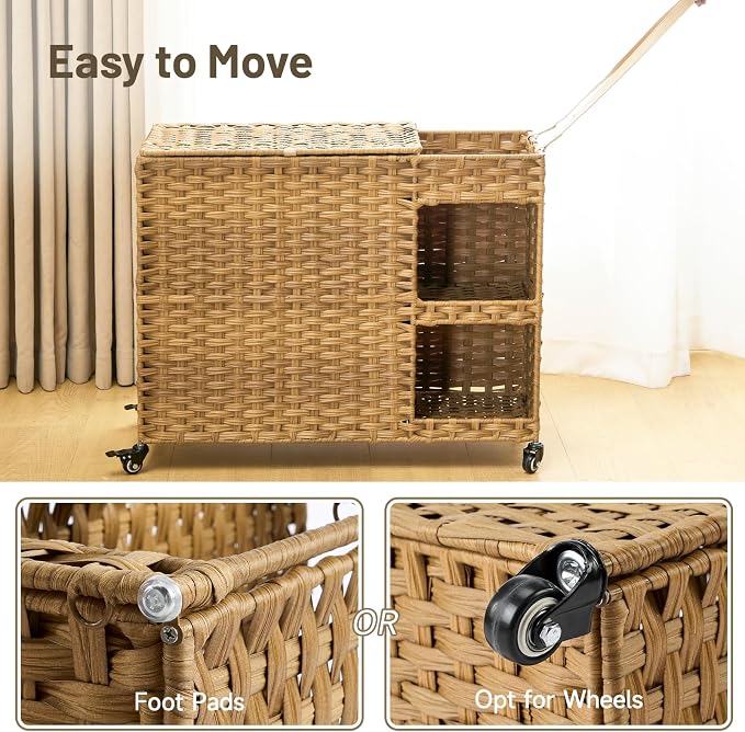 Laundry Hamper with Wheels, 42.3 Gal. Laundry Sorter with Shelves, Rattan - Image 6