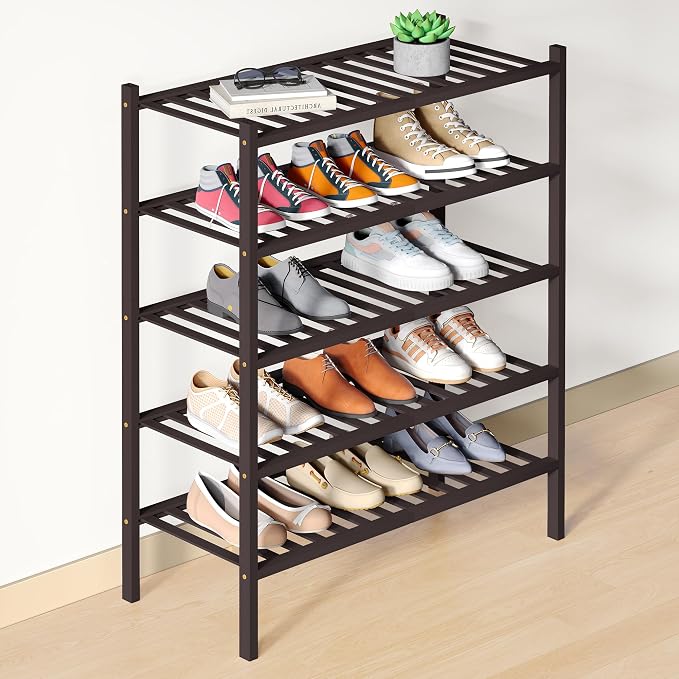 Smiry Bamboo Shoe Rack for Closet, 5 Tier Wooden Stackable Shoe Organizer by Smiry