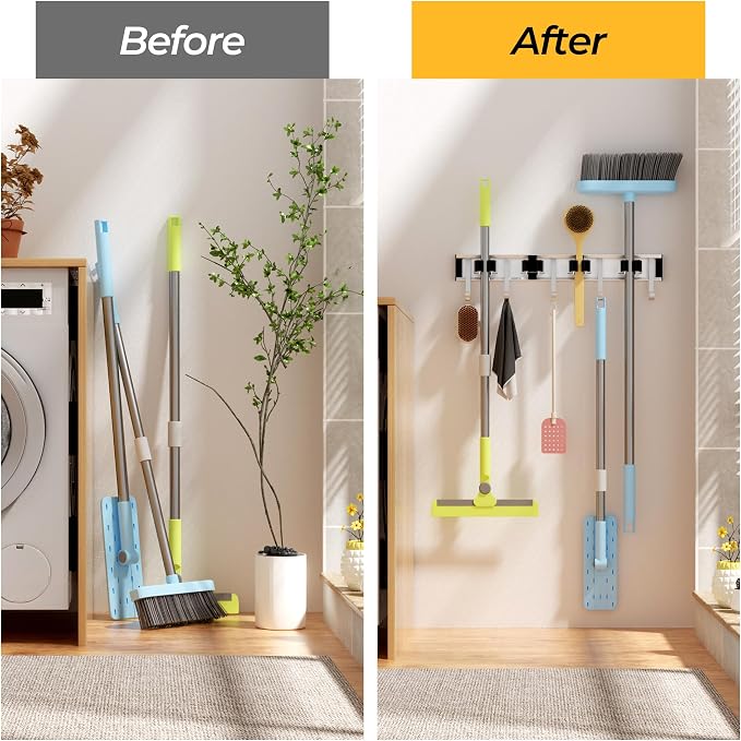 Broom Holder Wall Mount, 4 Star Roller Clips & 5 Extra Long Hooks, Thickened - Image 5