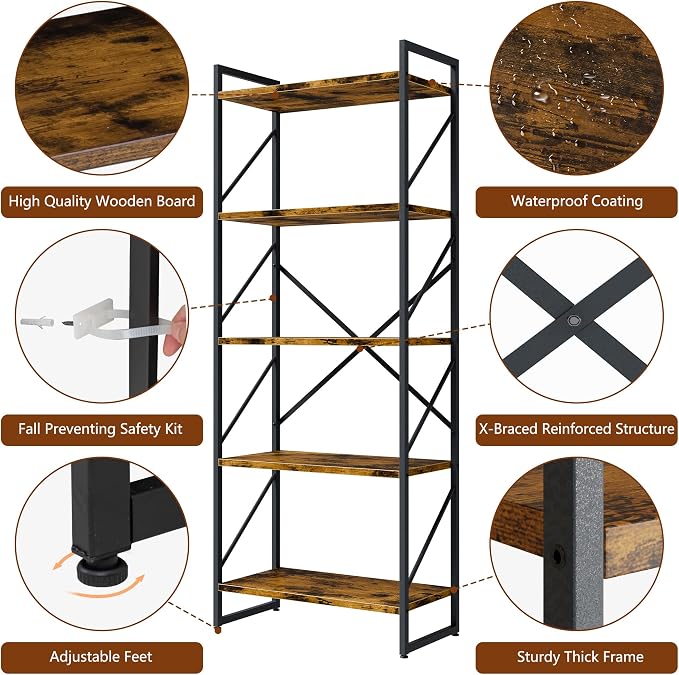 Shintenchi 5 Tiers Bookshelf, Classically Tall Bookcase Shelf, Industrial Book - Image 6