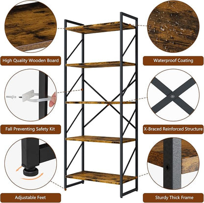 Shintenchi 5 Tiers Bookshelf, Classically Tall Bookcase Shelf, Industrial Book - Image 6