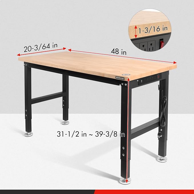 WORKPRO 48" Adjustable Workbench, Rubber Wood Top Heavy-Duty Workstation - Image 5