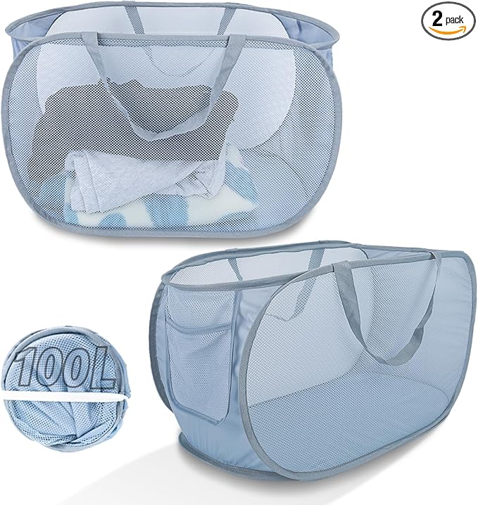Extra Large Mesh Pop Up Laundry Hamper 2 Pack, 100L Foldable Laundry Baskets by NairSnow