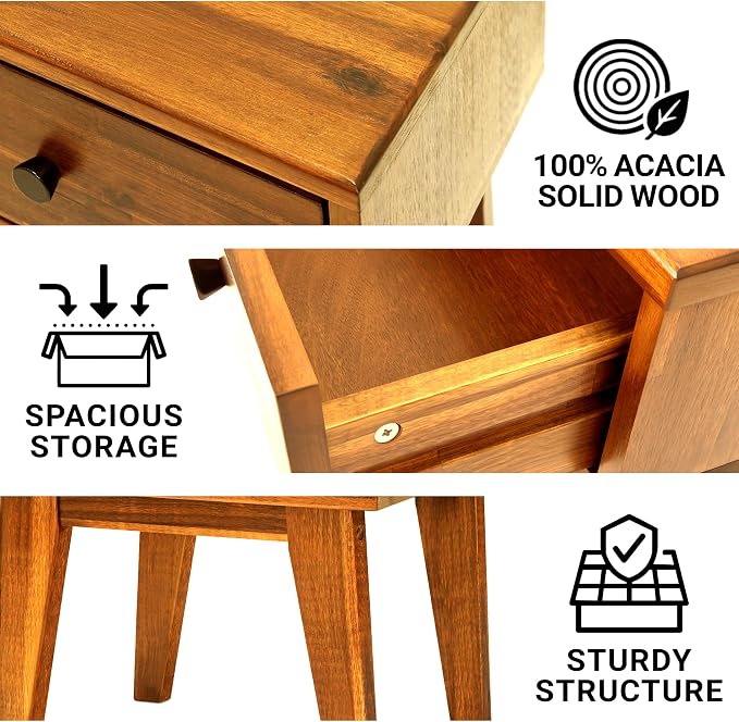 Acacia Sofia Nightstand with Drawer, Bedside Table, Solid Wood Bedside End - Image 3