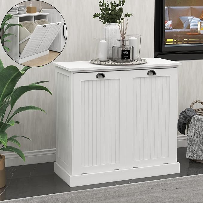 Tilt Out Laundry Hamper with Removable Basket, Hidden Laundry Hamper, Wood by LOCSEAR
