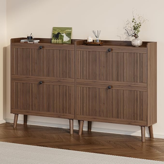 Fluted Shoe Cabinet Storage for Entryway, 31.5" W Narrow Shoe Cabinet - Image 7