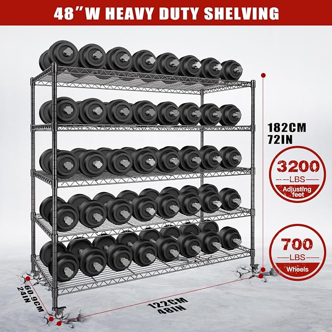 AIRAJ 48” W Storage Shelves Heavy Duty | 3200 LBS Metal Shelving | 5 Tier Wire - Image 3