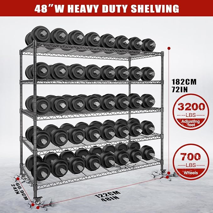 AIRAJ 48” W Storage Shelves Heavy Duty | 3200 LBS Metal Shelving | 5 Tier Wire - Image 3