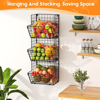 X-cosrack Metal Wire Basket Wall Mount, 3 Tier Wall Storage Organizer - Image 2
