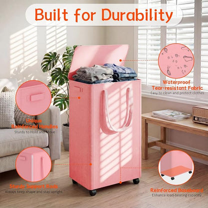 Slim Laundry Hamper with Wheels, 20 Gal Rolling Laundry Basket with lid and - Image 3