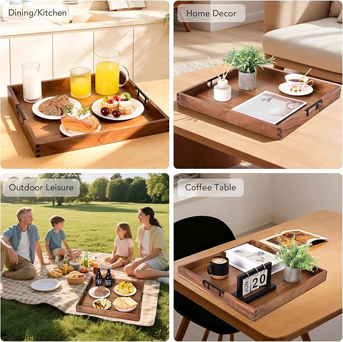 Joy&Grace Ottoman Tray for Living Room, Large Acacia Wooden Serving Tray - Image 4