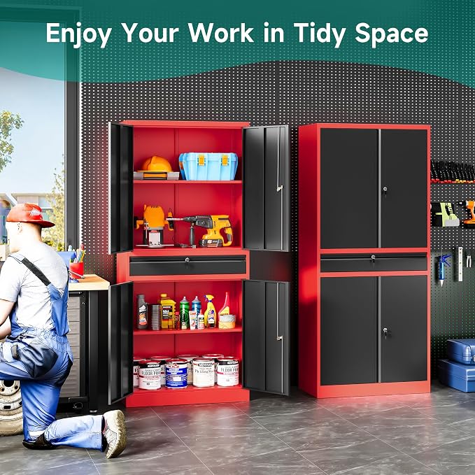 Metal Storage Cabinet with Drawer and Lock, Garage Storage Cabinet with Locking - Image 3