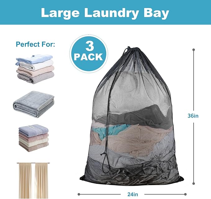 3 Pack Large Mesh Laundry Bag, 24 x 36 Inch Mesh Wash Bag - Image 2