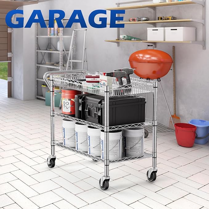 NTE Utility Cart with Wheels, 990lbs Capacity Metal 3 Tier Rolling Carts - Image 7