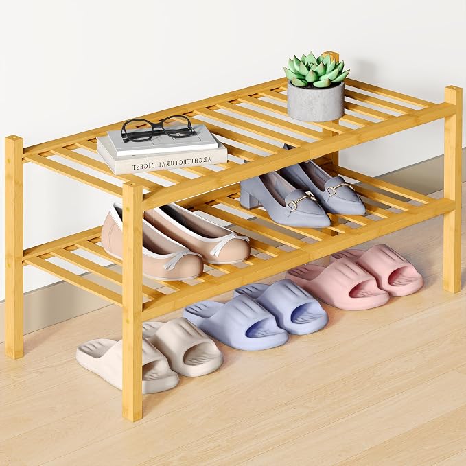 Smiry Bamboo Shoe Rack for Closet, 2 Tier Wooden Stackable Shoe Organizer by Smiry