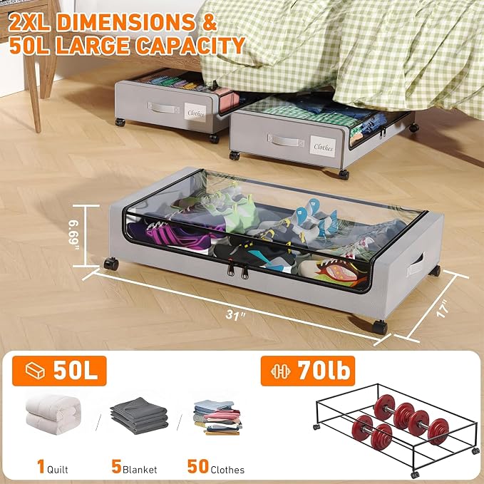 Under Bed Storage with Wheels, 4 Pack Under Bed Storage Containers with - Image 4