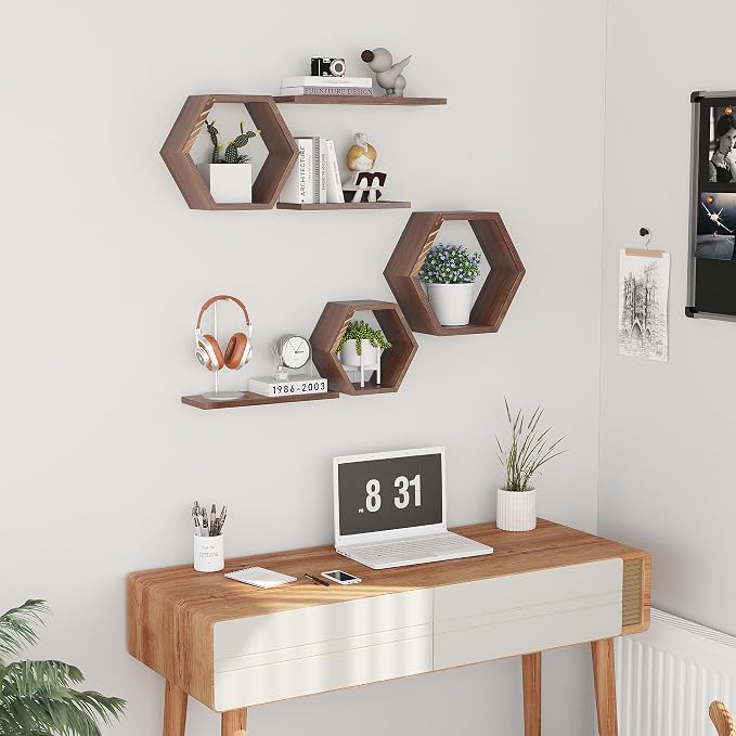 Wooden Hexagon Floating Shelves Wall Mounted, Rustic Honeycomb Shelves - Image 4