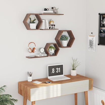 Wooden Hexagon Floating Shelves Wall Mounted, Rustic Honeycomb Shelves - Image 4