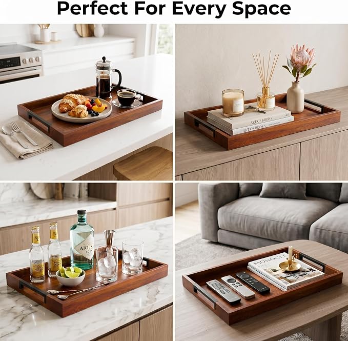 Acacia Wood Serving Tray with Handles, Large Wooden Ottoman & Coffee Table Tray - Image 5