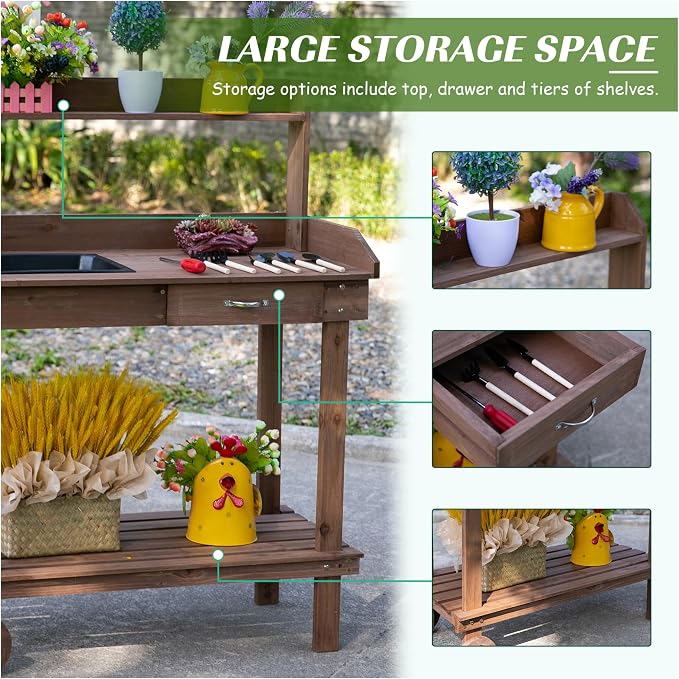 Wooden Potting Bench Outdoor Garden Work Table - Image 4