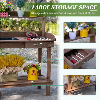 Wooden Potting Bench Outdoor Garden Work Table - Image 4