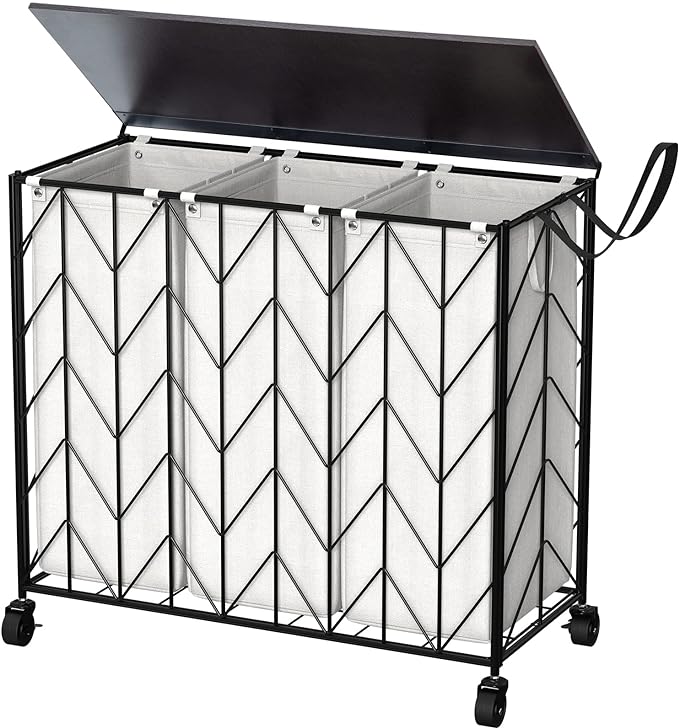 WOWLIVE Laundry Basket with Wheels, 142L Laundry Hamper 3 Section with Lid by WOWLIVE