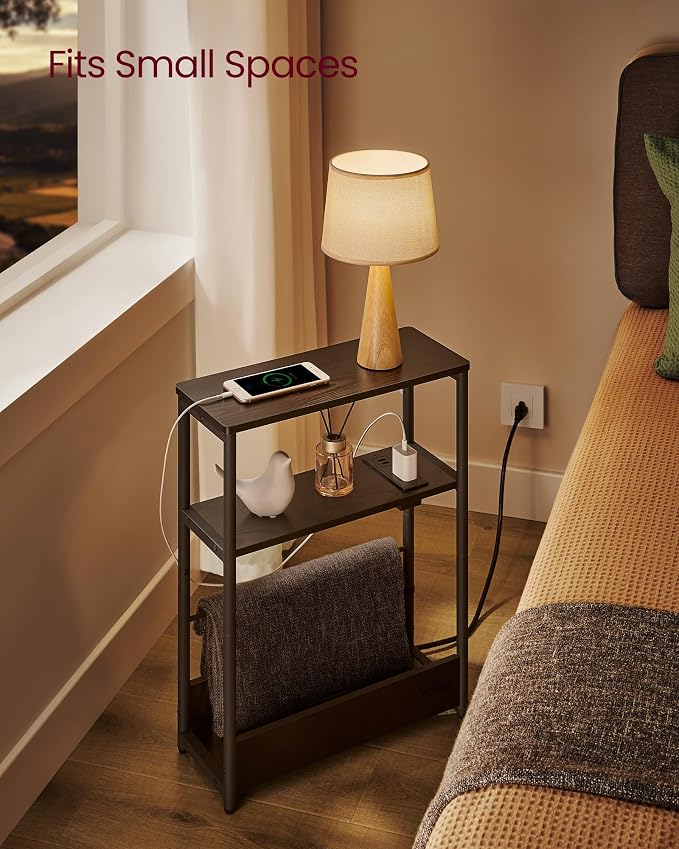 VASAGLE Side Table with Charging Station, Narrow End Table, 3-Tier Nightstand - Image 4
