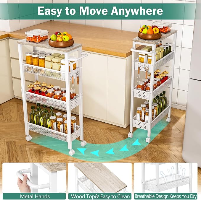 Utility Slim Storage Cart, 4 Tier Small Rolling Kitchen Laundry Room Cart - Image 5