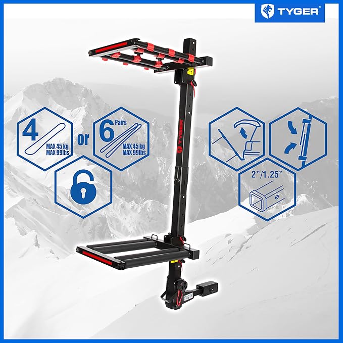 Tyger Auto TG-RK1B707B Folding Hitch-Mounted Ski/Snowboard Rack Fits 2" or - Image 3