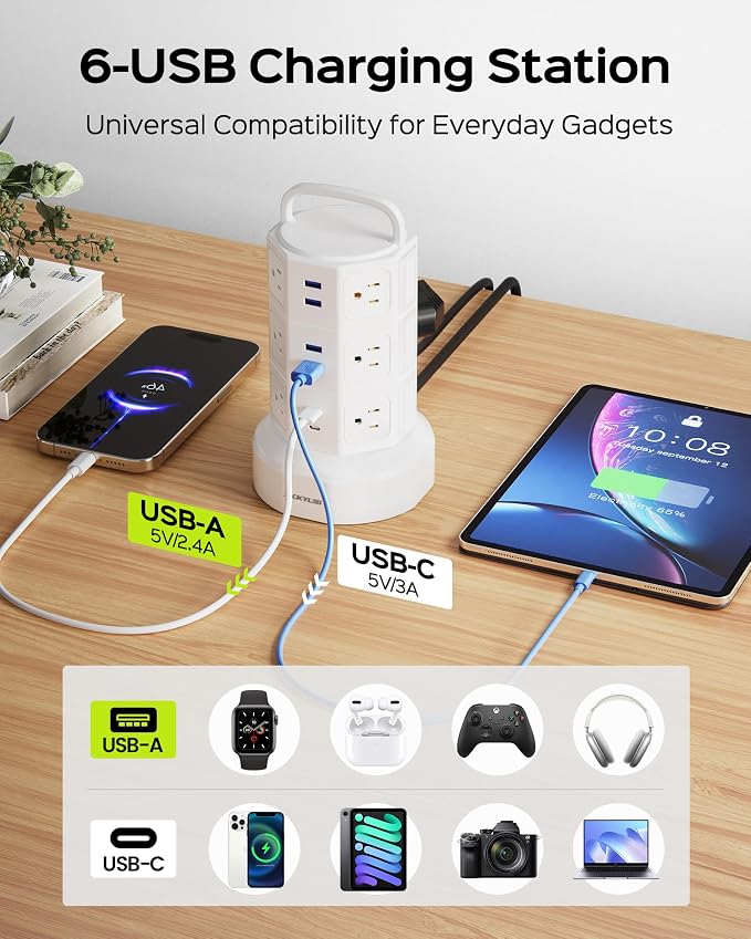 Power Strip Tower Surge Protector, JACKYLED 12 Outlets 6 USB Charging Station - Image 5