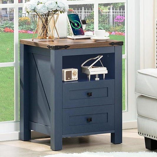 Nightstand with Charging Station, Farmhouse Night Stand with 2 Drawers and by Joaxswe