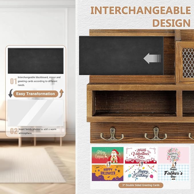 Key Holder Wall Mount, Wooden Mail and Key Organizer - Image 3