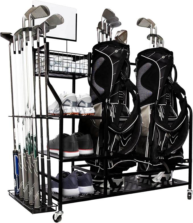 Heavy-Duty Golf Storage Rack for Garage – Holds 2 Golf Bags – Freestanding by Unknown