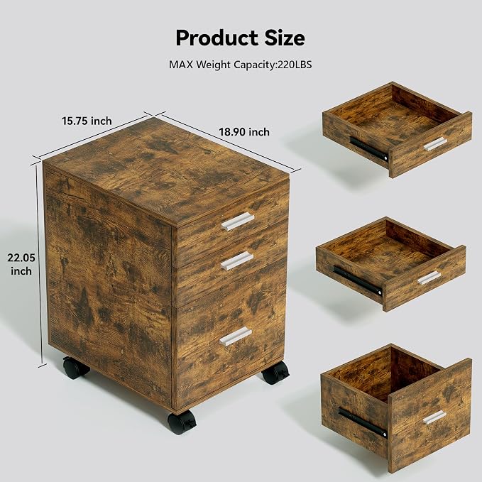 3-Drawer Mobile File Cabinet, Rustic Brown Finish - Image 3