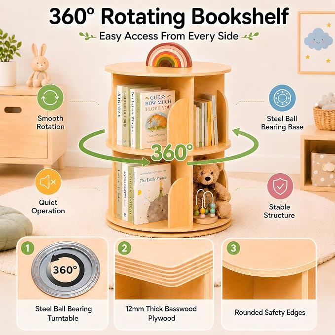 2 Tier Rotating Bookshelf, 360 Display Bookcase - Image 4