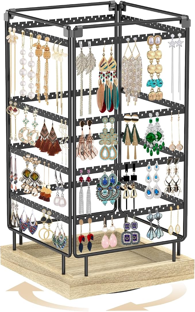 MODOWEY 4 Tier Rotating Earring Holder Organizer Metal Wooden Display Stand | by MODOWEY