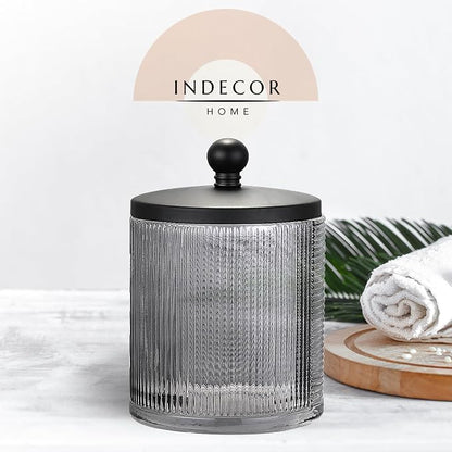 Gray Colored Tranlucent Apothecary Ribbed Geo Etched Glass Jar W/Matte Black - Image 2