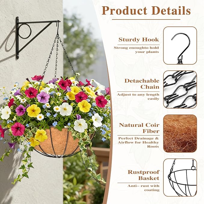 4 Pack Hanging Planter for Outdoor Plants 16 inch Metal Hanging Flower Basket - Image 4
