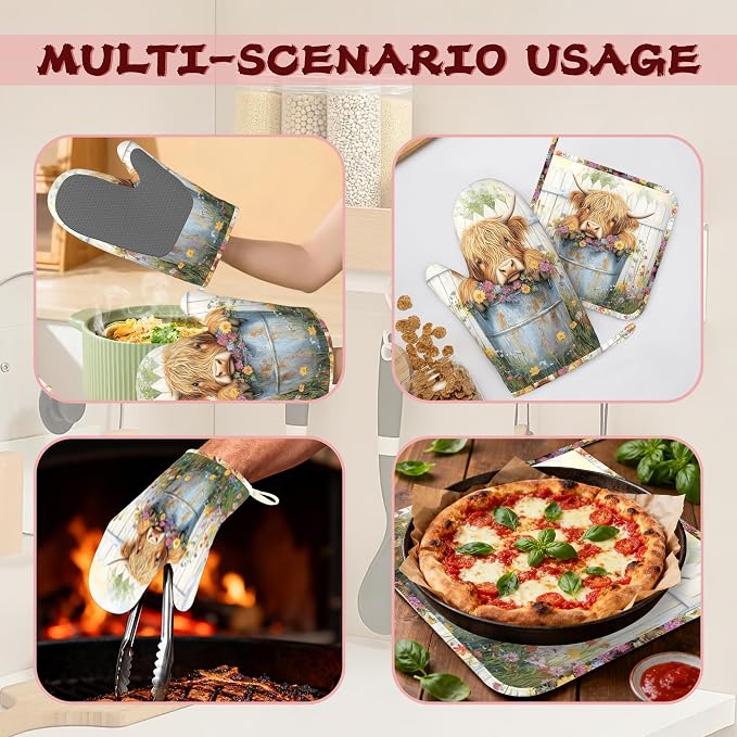 Cute Highland Cow Flowers Garden Heat-Resistant Silicone Oven Mitts and Pot - Image 6